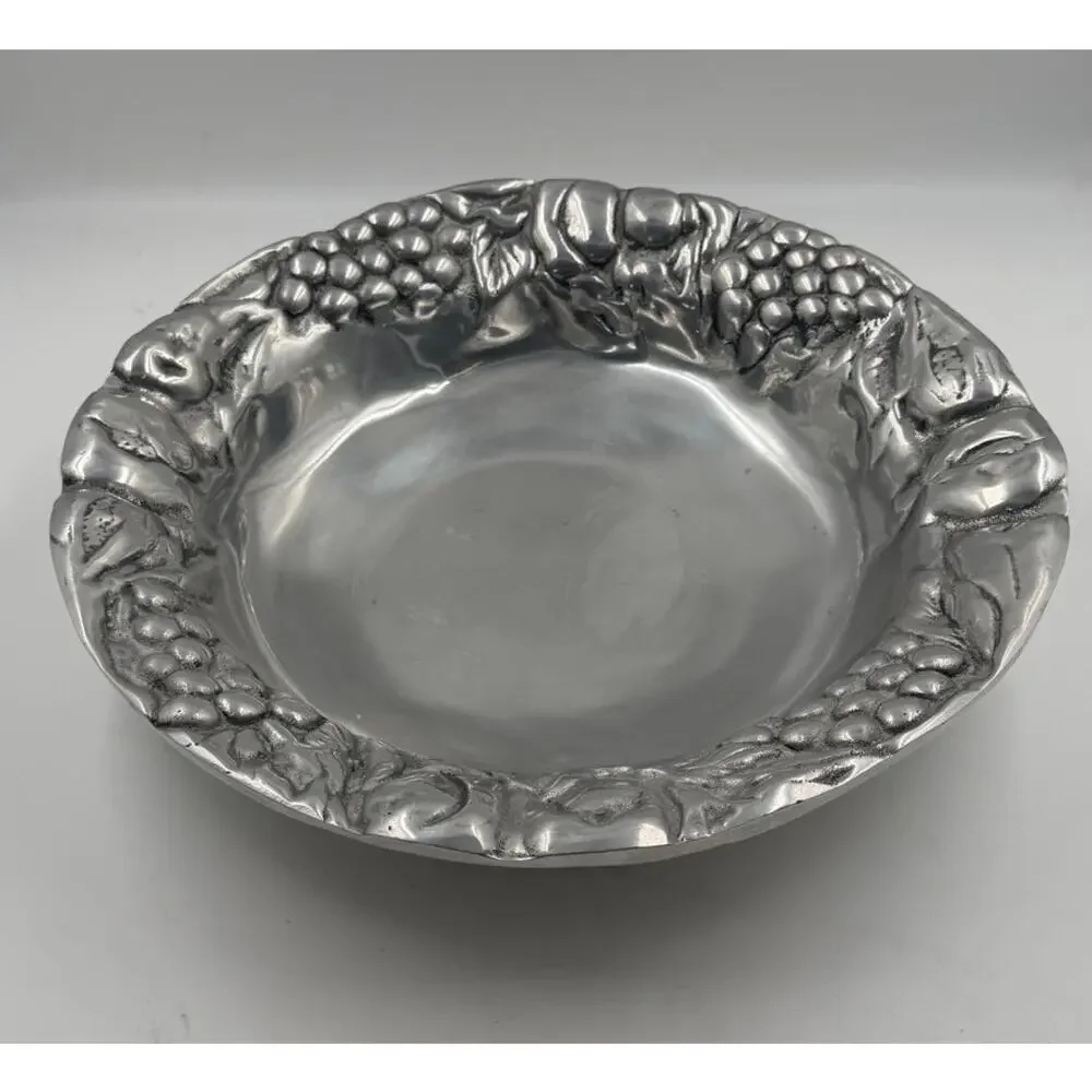 Vintage Solid Mexican Pewter 14-3/4” Fruit Grapes Apples Centerpiece Bowl